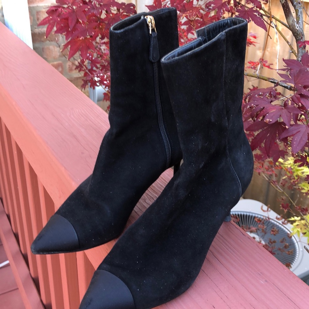 CHANEL black suede boots size 34.5”, heels 2”